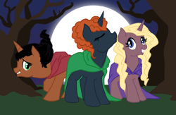 Size: 1175x768 | Tagged: source needed, safe, artist:bux, cloak, clothing, crossover, hocus pocus, mary sanderson, ponified, sarah sanderson, winifred sanderson