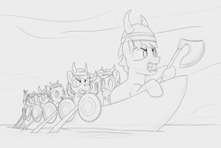 Size: 3000x2000 | Tagged: safe, artist:foal, oc, oc only, species:pony, axe, boat, colt, helmet, male, monochrome, viking, weapon