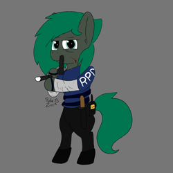 Size: 4500x4500 | Tagged: safe, artist:rosebush, oc, oc only, oc:minus, absurd resolution, angry, bipedal, blood, boots, cut, frown, glare, gray background, gun, handgun, hoof hold, knife, leon s. kennedy, looking at you, pistol, radio, resident evil, semi-anthro, shoes, simple background, solo, standing, straps, weapon