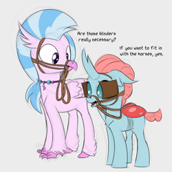 Size: 1654x1645 | Tagged: safe, artist:foal, character:ocellus, character:silverstream, species:changeling, species:classical hippogriff, species:hippogriff, species:reformed changeling, bit, blinders, bridle, female, tack, why