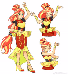 Size: 2480x2756 | Tagged: safe, artist:keeerooooo1, character:sunset shimmer, species:human, equestria girls:dance magic, g4, my little pony: equestria girls, my little pony:equestria girls, spoiler:eqg specials, bracelet, bracer, clothing, dress, eyes closed, flamenco, hand on hip, high heels, jewelry, shoes, simple background, smiling, white background