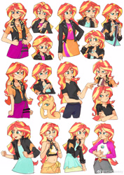 Size: 2480x3507 | Tagged: safe, artist:keeerooooo1, character:sunset shimmer, species:pony, species:unicorn, episode:all the world's off stage, equestria girls:equestria girls, equestria girls:forgotten friendship, equestria girls:legend of everfree, equestria girls:mirror magic, g4, my little pony: equestria girls, my little pony:equestria girls, spoiler:eqg specials, angry, belly button, bikini, book, clothing, cute, female, geode of empathy, hand on hip, headset, jacket, jewelry, leather, leather jacket, magical geodes, mare, microphone, midriff, miniskirt, necklace, open mouth, pants, sarong, shirt, shorts, simple background, skirt, sleeveless, smiling, swimsuit, white background