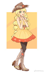 Size: 831x1361 | Tagged: safe, artist:keeerooooo1, character:applejack, species:human, episode:friendship through the ages, g4, my little pony: equestria girls, my little pony:equestria girls, applejack's hat, boots, clothing, cowboy hat, hat, humanized, shoes, sleeveless