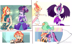 Size: 2032x1234 | Tagged: safe, artist:keeerooooo1, character:daydream shimmer, character:midnight sparkle, character:sunset shimmer, character:twilight sparkle, character:twilight sparkle (scitwi), species:bird, species:eqg human, equestria girls:friendship games, equestria girls:legend of everfree, equestria girls:rainbow rocks, equestria girls:rollercoaster of friendship, g4, my little pony: equestria girls, my little pony:equestria girls, book, clothing, daydream shimmer, female, glasses, midnight sparkle, open mouth, parakeet, plushie