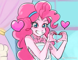 Size: 1075x827 | Tagged: safe, artist:keeerooooo1, character:pinkie pie, episode:the craft of cookies, g4, my little pony: equestria girls, my little pony:equestria girls, spoiler:eqg series (season 2), apron, clothing, cute, diapinkes, floating heart, heart, heart hands, looking at you, scene interpretation, smiling, window