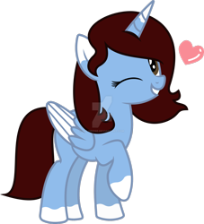 Size: 1600x1761 | Tagged: safe, artist:kojibiose, oc, oc:imagination ideas, species:alicorn, species:pony, alicorn oc, deviantart watermark, female, heart, mare, obtrusive watermark, one eye closed, simple background, solo, transparent background, two toned wings, watermark, wink