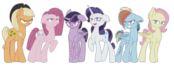 Size: 2374x910 | Tagged: safe, artist:irennecalder, character:fluttershy, character:mean applejack, character:mean fluttershy, character:mean pinkie pie, character:mean rainbow dash, character:mean rarity, character:mean twilight sparkle, character:rainbow dash, species:alicorn, species:earth pony, species:pegasus, species:pony, species:unicorn, icey-verse, episode:the mean 6, g4, my little pony: friendship is magic, alternate hairstyle, clone, clone six, clothing, commission, cowboy hat, ear fluff, ear piercing, earring, eye scar, female, hat, headcanon, jewelry, mare, open mouth, piercing, raised hoof, scar, short hair, sidecut, simple background, tattoo, transparent background, undercut