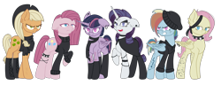 Size: 2374x910 | Tagged: safe, alternate version, artist:irennecalder, character:fluttershy, character:mean applejack, character:mean fluttershy, character:mean pinkie pie, character:mean rainbow dash, character:mean rarity, character:mean twilight sparkle, character:rainbow dash, species:alicorn, species:earth pony, species:pegasus, species:pony, species:unicorn, icey-verse, episode:the mean 6, g4, my little pony: friendship is magic, alternate hairstyle, anklet, bandana, beanie, boots, bracelet, cape, choker, clone, clone six, clothing, commission, cowboy hat, ear fluff, ear piercing, earring, eye scar, eyeshadow, female, gloves, hat, headcanon, hoodie, horn ring, jewelry, makeup, mare, open mouth, piercing, raised hoof, scar, scarf, shirt, shoes, short hair, sidecut, simple background, socks, spiked choker, spiked wristband, stockings, tattoo, thigh highs, transparent background, undercut, wristband