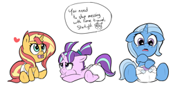 Size: 2048x1024 | Tagged: safe, artist:lazynore, character:starlight glimmer, character:sunset shimmer, character:trixie, species:pony, species:unicorn, accident, age regression, baby, babyset shimmer, counterparts, cute, dialogue, diaper, diatrixes, floating heart, foal, glimmerbetes, heart, implied princess celestia, implied time travel, implied twilight sparkle, pacifier, shimmerbetes, simple background, speech bubble, teary eyes, twilight's counterparts, white background