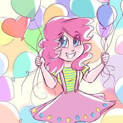 Size: 1350x1350 | Tagged: safe, artist:imaplatypus, character:pinkie pie, species:human, balloon, blushing, clothing, cute, diapinkes, humanized, skirt, smiling, suspenders