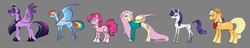 Size: 9656x1838 | Tagged: safe, artist:varwing, character:applejack, character:fluttershy, character:pinkie pie, character:rainbow dash, character:rarity, character:twilight sparkle, character:twilight sparkle (alicorn), species:alicorn, species:earth pony, species:pegasus, species:pony, species:unicorn, alternate design, blank flank, bow tie, cartoony, clothing, coat markings, colored hooves, dock, ethereal mane, female, galaxy mane, goggles, gray background, jewelry, line-up, mane six, mare, neckerchief, no pupils, rainbow power, regalia, simple background, size difference, spread wings, sweater, sweatershy, tail feathers, unshorn fetlocks, wings