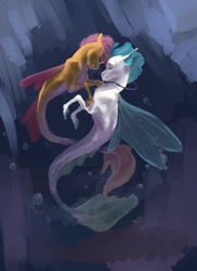 Size: 1560x2142 | Tagged: safe, artist:varwing, character:scootaloo, character:terramar, species:seapony (g4), ship:terraloo, bubble, cute, eyes closed, female, floppy ears, grin, hug, interspecies, jewelry, male, necklace, nuzzling, pearl necklace, seaponified, seapony scootaloo, shipping, smiling, species swap, straight, underwater