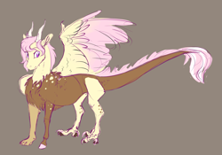 Size: 4129x2897 | Tagged: safe, artist:varwing, oc, oc only, oc:panacea, parent:discord, parent:fluttershy, parents:discoshy, species:draconequus, brown background, draconequus oc, female, gift art, hybrid, interspecies offspring, looking sideways, offspring, one wing out, simple background, solo