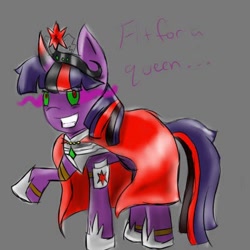 Size: 400x400 | Tagged: safe, artist:craftykraken, artist:craftykrakenyo, character:twilight sparkle, character:twilight sparkle (unicorn), species:pony, species:unicorn, armor, ask corrupted twilight sparkle, battle armor, battle gear, big crown thingy, cape, clothing, collar, corrupted, corrupted element of harmony, corrupted element of magic, corrupted twilight sparkle, crown, curved horn, dark, dark equestria, dark magic, dark queen, dark world, female, hoof shoes, horn, jewelry, magic, necklace, queen twilight, regalia, solo, sombra eyes, sombra horn, tiara, tumblr, tyrant sparkle