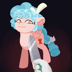 Size: 1250x1250 | Tagged: safe, artist:fannytastical, character:chancellor neighsay, character:cozy glow, species:pegasus, species:pony, :3, cozybuse, knife, knife cat, meme, parody, ponified animal photo, ponified meme, smug