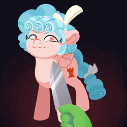 Size: 1250x1250 | Tagged: safe, artist:fannytastical, edit, character:cozy glow, oc, oc:anon, species:human, species:pegasus, species:pony, :3, bow, cozybuse, cutie mark, dark background, female, filly, hair bow, hand, heart eyes, knife, knife cat, meme, offscreen character, ponified animal photo, pov, pure concentrated unfiltered evil of the utmost potency, pure unfiltered evil, wingding eyes