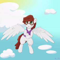 Size: 2048x2048 | Tagged: safe, artist:epicenehs, oc, oc only, oc:graph travel, species:pegasus, species:pony, clothing, cloud, female, flying, freckles, goggles, heart eyes, mare, sky, solo, sun, vest, wingding eyes