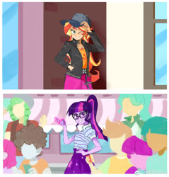 Size: 2480x2594 | Tagged: safe, artist:keeerooooo1, character:lily longsocks, character:sandalwood, character:sunset shimmer, character:super funk, character:twilight sparkle, character:twilight sparkle (scitwi), species:eqg human, episode:display of affection, episode:street magic with trixie, g4, my little pony: equestria girls, my little pony:equestria girls, spoiler:eqg series (season 2), background human, clothing, doodle bug, female, flanksy, gallop j. fry, garden grove, glasses, glowing hands, guy grove, hand on hip, hat, helping, jacket, leather, leather jacket, little red, male, one eye closed, ponytail, scene interpretation, shirt, skirt, smiling