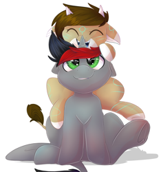 Size: 1482x1562 | Tagged: safe, artist:donutnerd, oc, oc only, oc:cinder smith, oc:rune, species:pony, species:unicorn, commission, eyes closed, female, filly, friendship, hoof touching, horns, looking up, male, on back, pair, stallion