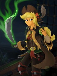 Size: 1536x2048 | Tagged: safe, artist:qzygugu, character:applejack, species:human, my little pony:equestria girls, clothing, cursed, female, hat, pirate, ship, solo, sword, weapon