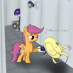 Size: 1000x1000 | Tagged: safe, artist:rodolfomushi, character:fluttershy, character:rainbow dash, character:scootaloo, character:twilight sparkle, blushing, companion cube, crossover, portal (valve), sentry, turret