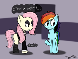 Size: 1300x980 | Tagged: safe, artist:icywindthepony, character:fluttershy, character:rainbow dash, species:pony, alternate hairstyle, dyed mane, fluttergoth, gothic