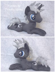 Size: 816x1056 | Tagged: safe, artist:bluedragonflyplush, character:dark moon, character:graphite, species:pony, species:unicorn, background pony, irl, male, photo, plushie, prone, smiling, stallion