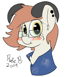 Size: 4500x4500 | Tagged: safe, artist:rosebush, oc, oc only, species:pony, species:sheep, absurd resolution, blushing, denim jacket, ear piercing, earring, glasses, jewelry, looking at you, piercing, smiling, solo
