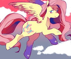 Size: 1280x1057 | Tagged: safe, artist:milky-rabbit, character:fluttershy, species:pegasus, species:pony, cloud, cute, female, flying, gradient background, shyabetes, sky, solo