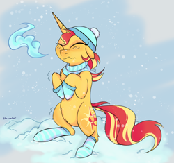 Size: 1700x1600 | Tagged: safe, artist:puddingskinmcgee, character:sunset shimmer, species:pony, species:unicorn, adorable distress, clothing, cold, cute, eyes closed, female, freezing, hat, mittens, scarf, shivering, snow, snowfall, socks, solo, striped socks, winter