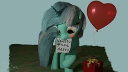 Size: 1920x1080 | Tagged: safe, artist:nebulafactory, character:lyra heartstrings, species:pony, 3d, balloon, blender, blushing, grass, holiday, looking down, note, valentine's day