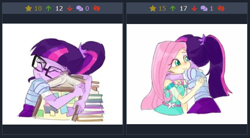 Size: 616x339 | Tagged: safe, artist:keeerooooo1, character:fluttershy, character:twilight sparkle, character:twilight sparkle (scitwi), species:eqg human, derpibooru, episode:stressed in show, episode:the last day of school, g4, my little pony: equestria girls, my little pony:equestria girls, book, exploitable meme, geode of fauna, hug, juxtaposition, magical geodes, meme, meta, stressed in show: fluttershy, that human sure does love books