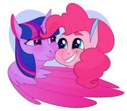 Size: 1770x1551 | Tagged: safe, artist:geisharozu, character:pinkie pie, character:twilight sparkle, character:twilight sparkle (alicorn), species:alicorn, species:pony, ship:twinkie, female, lesbian, mare, shipping, smiling