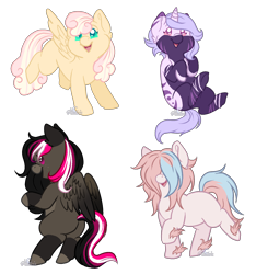 Size: 1500x1600 | Tagged: safe, artist:aledera, oc, oc only, oc:cherry top, oc:luckette, oc:mary weather, oc:soft sketch, species:earth pony, species:pegasus, species:pony, species:unicorn, chibi, female, hair over eyes, mare, simple background, transparent background