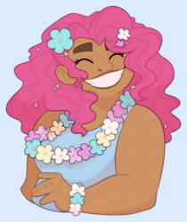 Size: 1385x1652 | Tagged: safe, artist:geisharozu, character:pinkie pie, species:human, blue background, chubby, dark skin, eyes closed, female, flower, flower in hair, grin, humanized, lei, simple background, smiling, solo