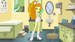 Size: 6830x3840 | Tagged: safe, artist:legendaryspider, character:adagio dazzle, equestria girls:rainbow rocks, g4, my little pony: equestria girls, my little pony:equestria girls, alternate costumes, boots, clothing, commission, costume, examination, examining table, eye chart, female, gloves, grin, hat, helloooooo nurse, high heel boots, highlights, indoors, legs, looking at you, minidress, nurse, nurse adagio, nurse hat, nurse's uniform, raised eyebrow, rubber gloves, seductive, seductive look, seductive pose, sexy, shading, shoes, show accurate, smiling, smirk, solo, stupid sexy adagio dazzle, uniform, watermark