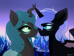 Size: 1400x1050 | Tagged: safe, artist:pinkamenascratch, character:nightmare moon, character:princess luna, character:queen chrysalis, species:alicorn, species:changeling, species:pony, ship:chrysmoon, boop, changeling queen, cute, cute little fangs, cutealis, fangs, female, horns are touching, lesbian, looking at each other, mare, moonabetes, night, noseboop, shipping, signature, slit eyes, slit pupils