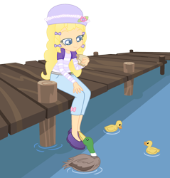 Size: 1600x1675 | Tagged: safe, artist:toybonnie54320, artist:yaya54320, base used, edit, species:duck, my little pony:equestria girls, angel cake (strawberry shortcake), clothing, crossover, duckling, equestria girls style, equestria girls-ified, hat, pier, shoes, simple background, strawberry shortcake, transparent background, water