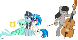 Size: 2707x1396 | Tagged: safe, artist:serenamidori, character:dj pon-3, character:lyra heartstrings, character:neon lights, character:octavia melody, character:rising star, character:vinyl scratch, species:earth pony, species:pony, species:unicorn, g4, bipedal, female, harem, male, mare, shipping, sitting, stallion, straight, vinylights