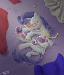 Size: 893x1052 | Tagged: safe, artist:gaiascope, character:rarity, character:sweetie belle, species:pony, species:unicorn, duo, duo female, fabric, female, filly, glasses, mare, measuring tape, on side, overhead view, pony pillow, sleeping, snot bubble