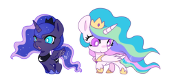 Size: 1600x768 | Tagged: safe, artist:renciel, character:princess celestia, character:princess luna, species:alicorn, species:pony, chibi, crown, cute, cutelestia, duo, hoof shoes, jewelry, lunabetes, open mouth, peytral, regalia, royal sisters, simple background, smol, transparent background, white pupils