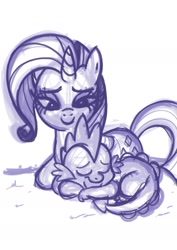 Size: 1240x1748 | Tagged: safe, artist:thex-plotion, character:rarity, character:spike, species:dragon, species:pony, species:unicorn, ship:sparity, female, interspecies, male, mare, monochrome, prone, shipping, smiling, straight