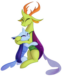 Size: 1280x1555 | Tagged: safe, artist:puddingskinmcgee, character:thorax, oc, oc:calor, oc:calor the changeling, species:changeling, species:reformed changeling, blushing, canon x oc, changedling oc, changeling oc, cuddling, cute, hug, thorabetes