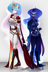 Size: 4472x6708 | Tagged: safe, artist:averageocporn, character:princess celestia, character:princess luna, species:alicorn, species:anthro, species:plantigrade anthro, species:pony, absurd resolution, boots, cape, clothing, female, mare, royal sisters, shoes, sword, uniform, weapon