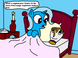 Size: 1440x1080 | Tagged: safe, artist:blackrhinoranger, character:trixie, species:pony, beauty and the beast, bed, book, candle, chip, dialogue, ed edd n eddy, rock-a-bye ed, speech bubble, teacup, that pony sure does love teacups