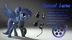 Size: 1191x670 | Tagged: safe, artist:jacob_lhh3, character:princess luna, species:alicorn, species:pony, 3d, clothing, downloadable, headset, hoodie, ponytail, source filmmaker, wings