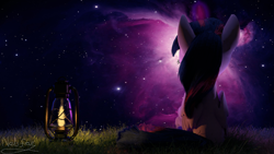 Size: 1920x1080 | Tagged: safe, artist:nebulafactory, character:twilight sparkle, character:twilight sparkle (alicorn), species:alicorn, species:pony, 3d, blender, facing away, female, grass, lantern, nebula, night, solo, stars
