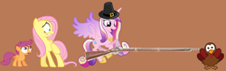 Size: 4524x1436 | Tagged: safe, artist:hubfanlover678, character:fluttershy, character:princess cadance, character:scootaloo, species:pony, clothing, gun, hat, musket, pilgrim hat, this will end in dinner, turkey, weapon