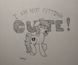 Size: 4008x3312 | Tagged: safe, artist:ponynamedmixtape, oc, oc:heartbreak, species:earth pony, species:pony, angry, blatant lies, cute, female, i'm not cute, madorable, pencil drawing, text, traditional art