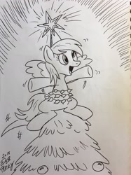 Size: 1533x2048 | Tagged: safe, artist:debmervin, character:derpy hooves, species:pony, christmas, christmas tree, derpy star, female, holiday, monochrome, solo, traditional art, tree